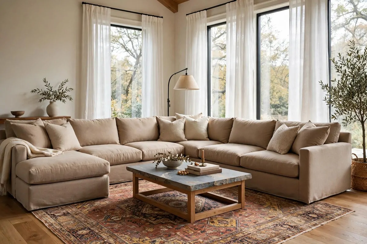 Large L-shaped sectional sofa facing a coffee table on a patterned rug
