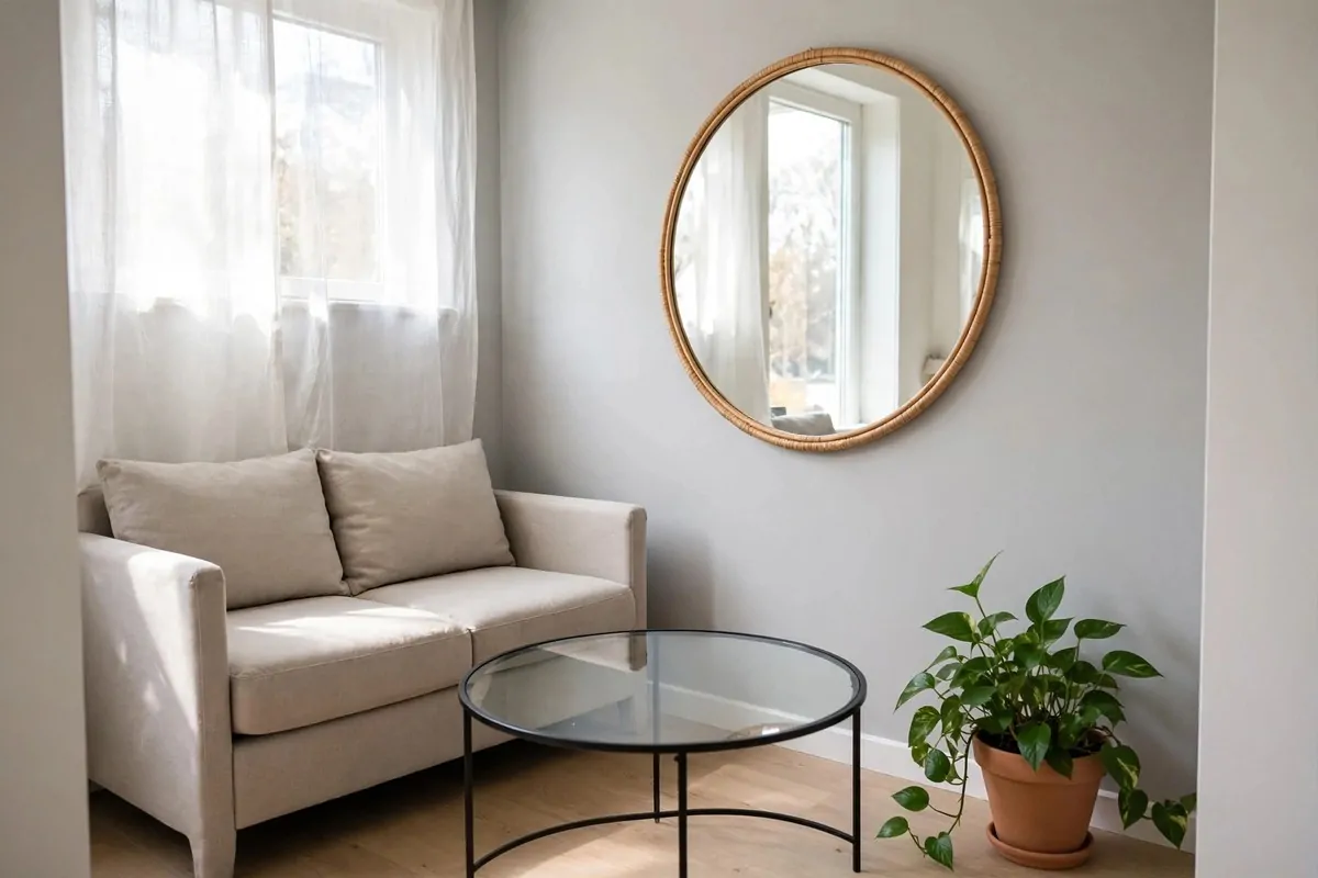 Small loveseat, round glass coffee table and wall mirror in a tiny bright living room