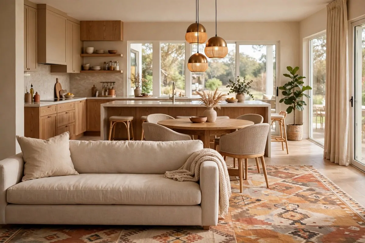 Living area with sofa and rug beside a dining table, kitchen visible in the background