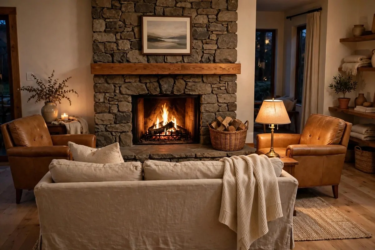 Seating arranged around a stone fireplace with armchairs facing the flames