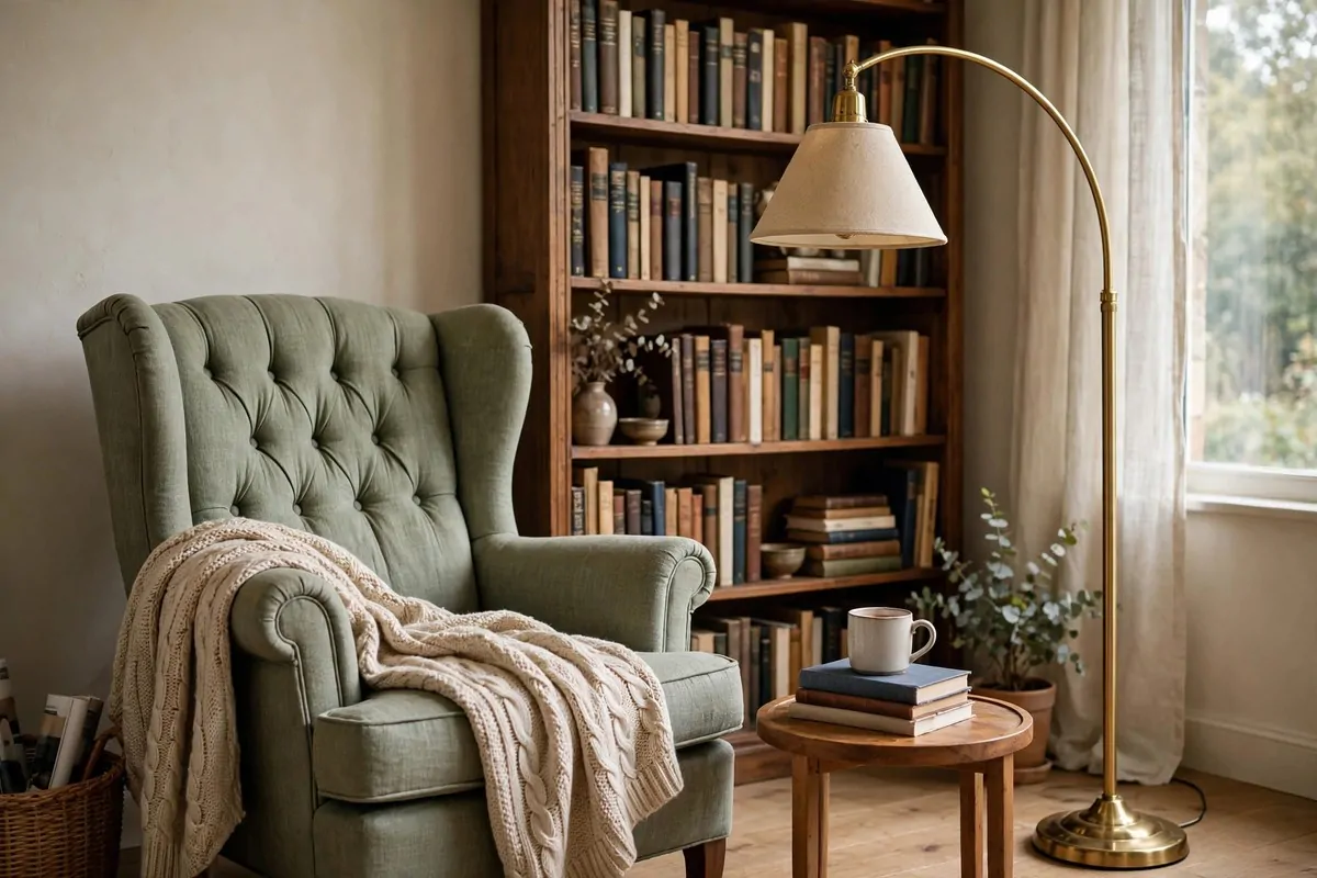 Armchair with floor lamp and bookshelf in a cozy reading corner