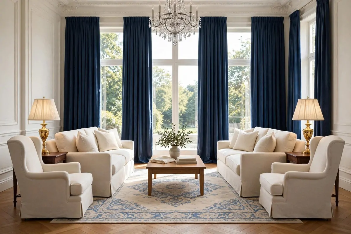 Two identical sofas facing each other with matching lamps in a formal living room