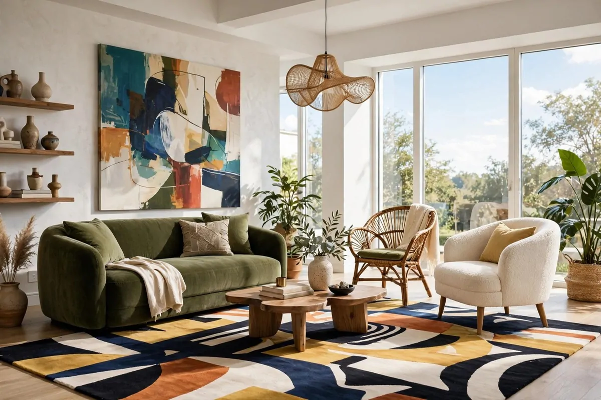 Mixed seating with an offset velvet sofa and different accent chairs around a bold rug