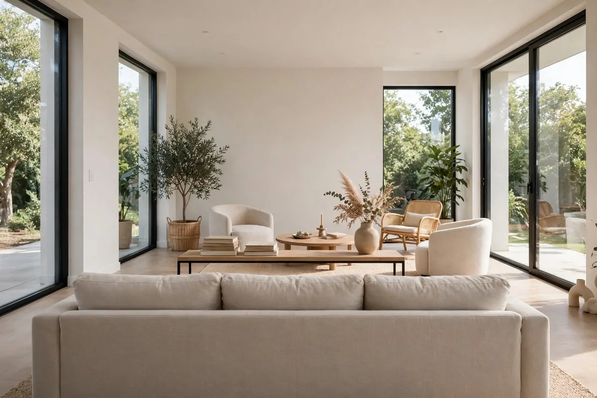 Sofa placed in the middle of the room with a console table behind it
