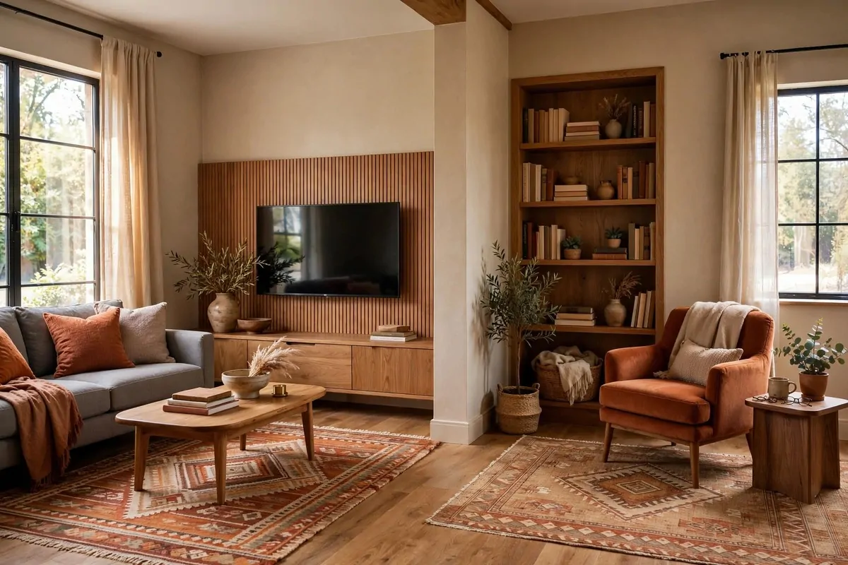 L-shaped living room with TV zone in one wing and reading chair in the alcove