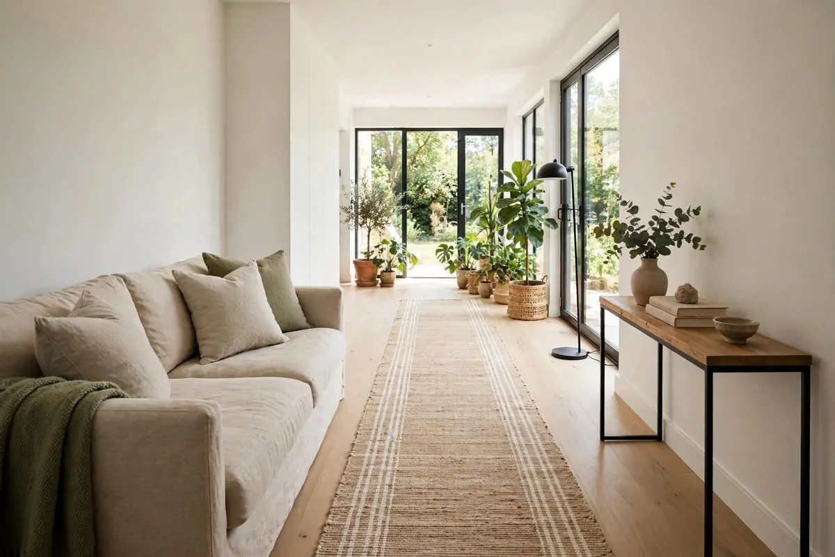 Long narrow living room with sofa along the wall and runner rug