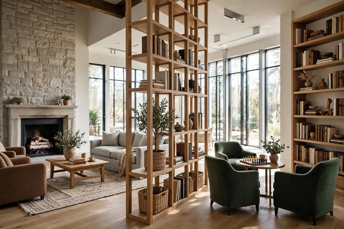 Large living room divided into two seating areas with a bookshelf divider