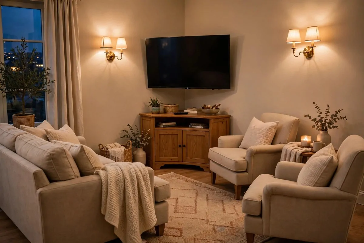 TV mounted in a corner with sofa and armchairs angled toward it