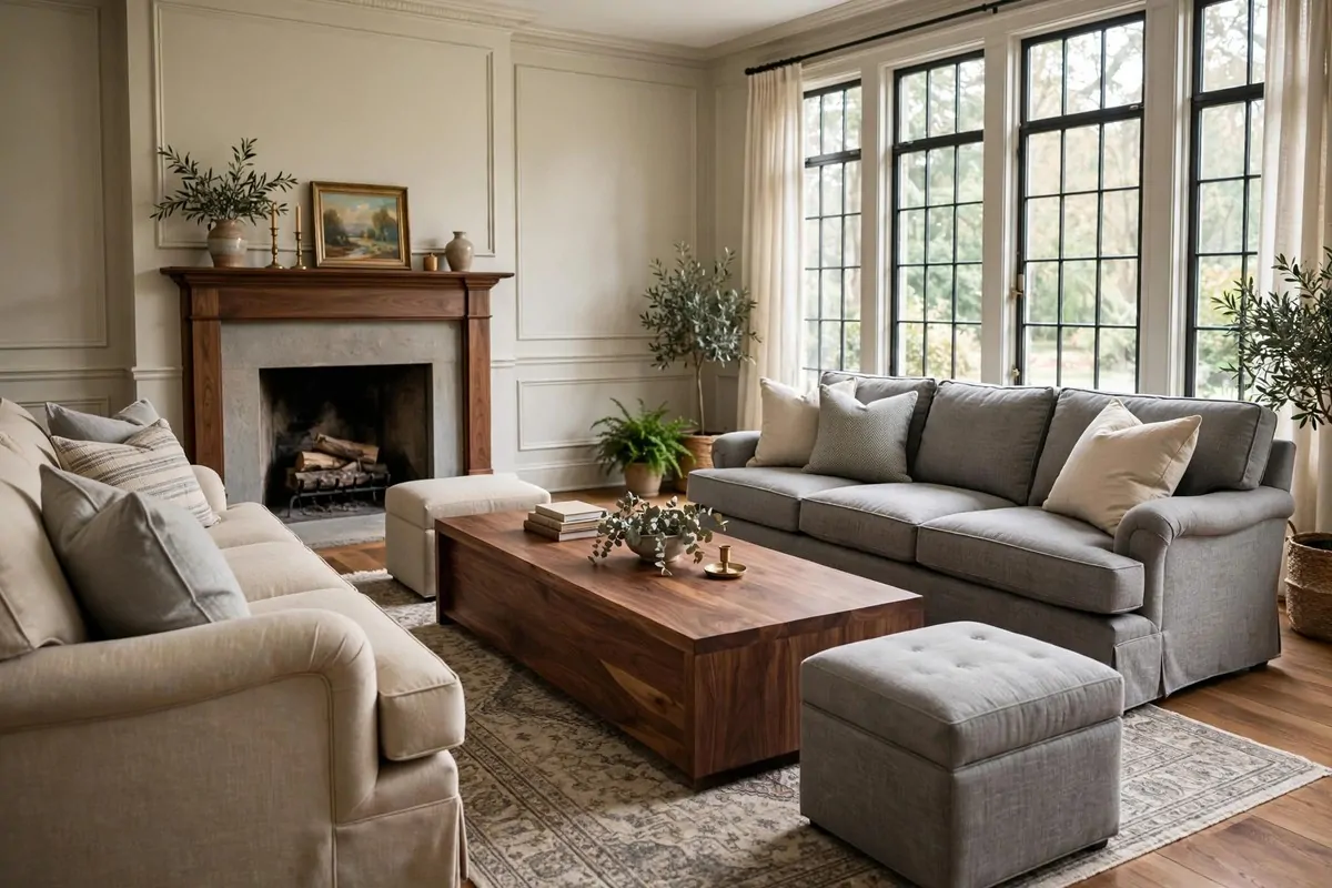 Two sofas facing each other across a long coffee table
