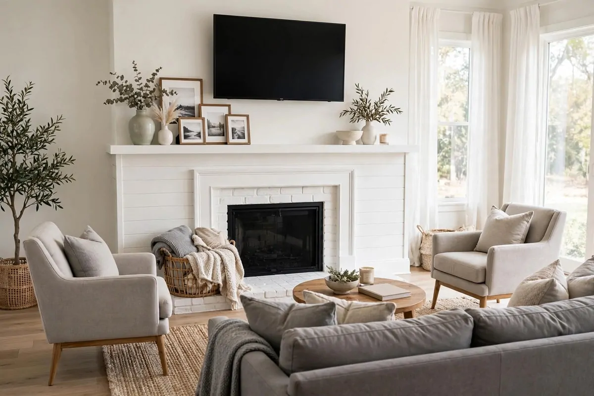 TV mounted above a fireplace mantel with seating facing the combo wall
