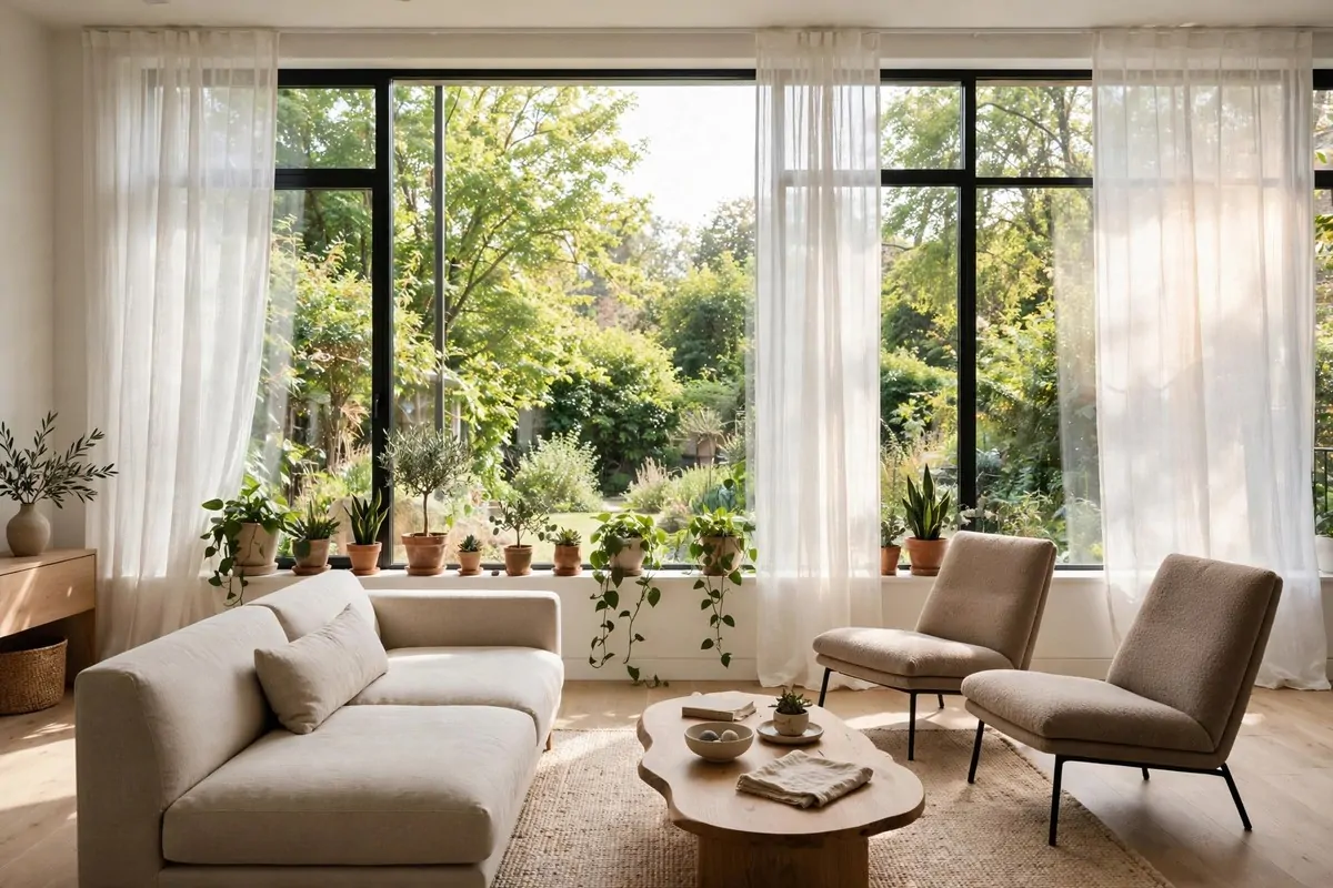 Sofa and lounge chairs angled toward large windows with garden views