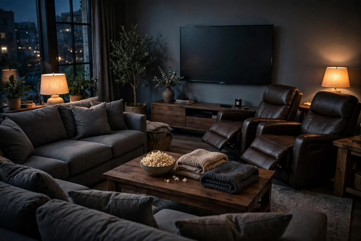 Deep sectional and recliners facing a large TV in warm dim lighting