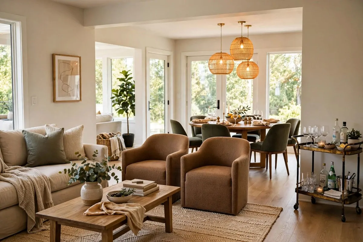 Open living room flowing into dining area with bar cart, ready for guests