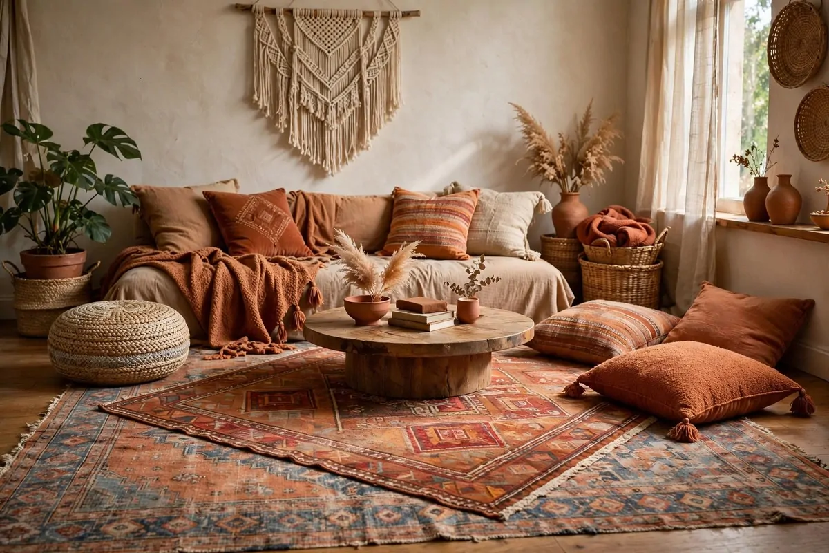 Layered vintage rugs with floor cushions and low coffee table in a bohemian living room