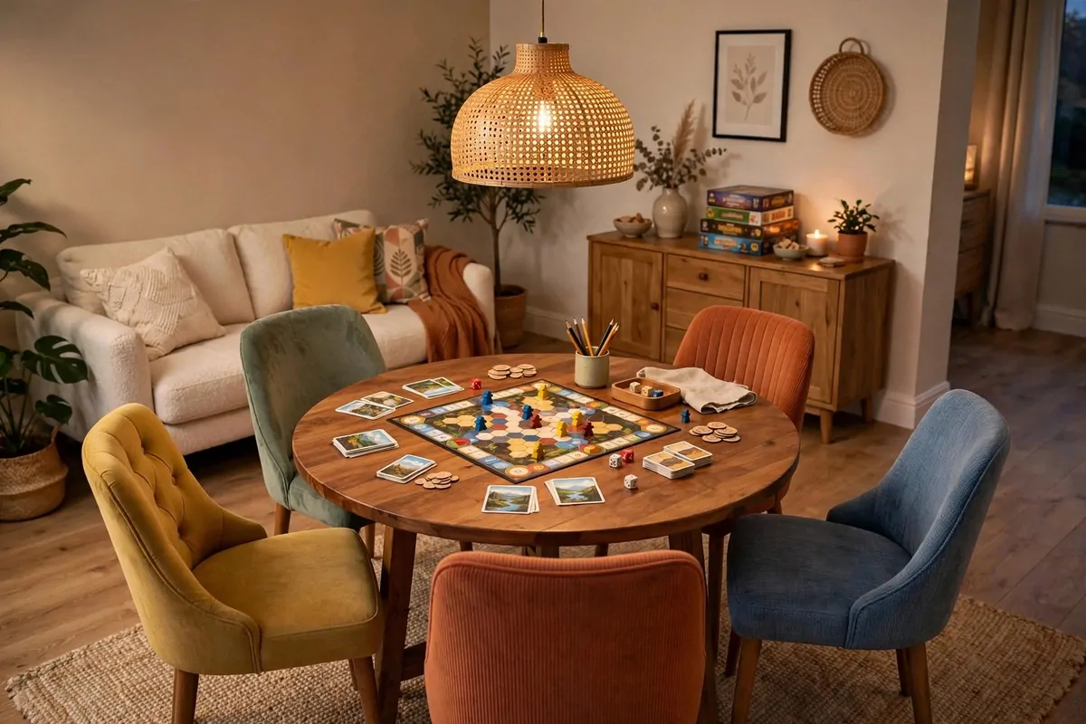 Round table with chairs in the center of a living room, board game set up