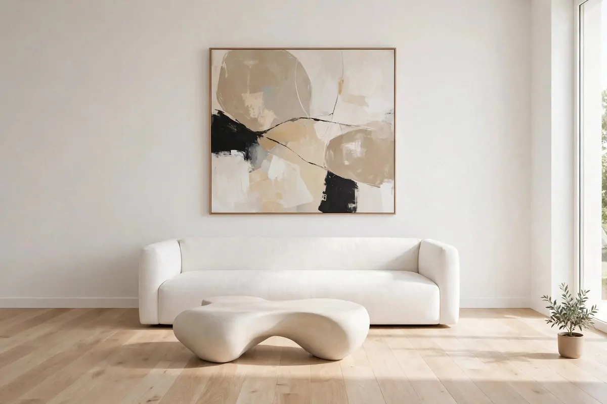 Single white sofa and sculptural coffee table in an empty bright minimalist living room