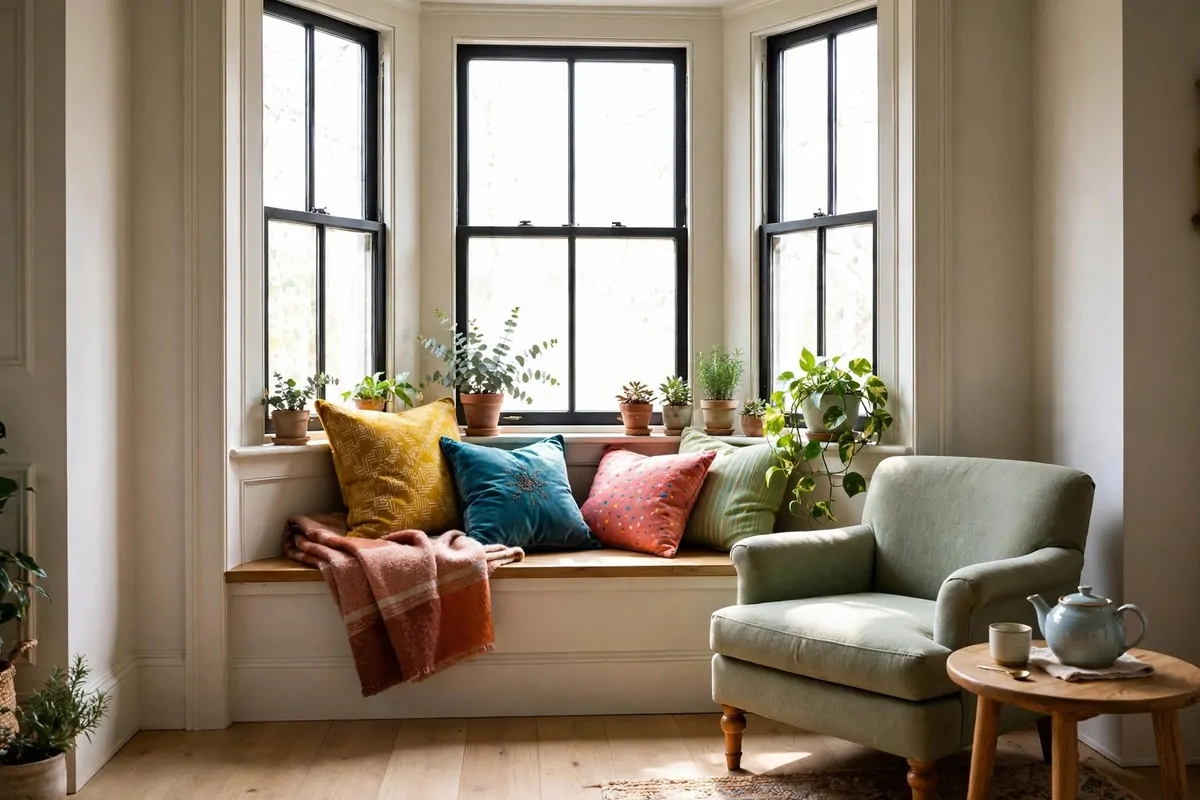 Window seat with cushions in a bay window, armchair opposite