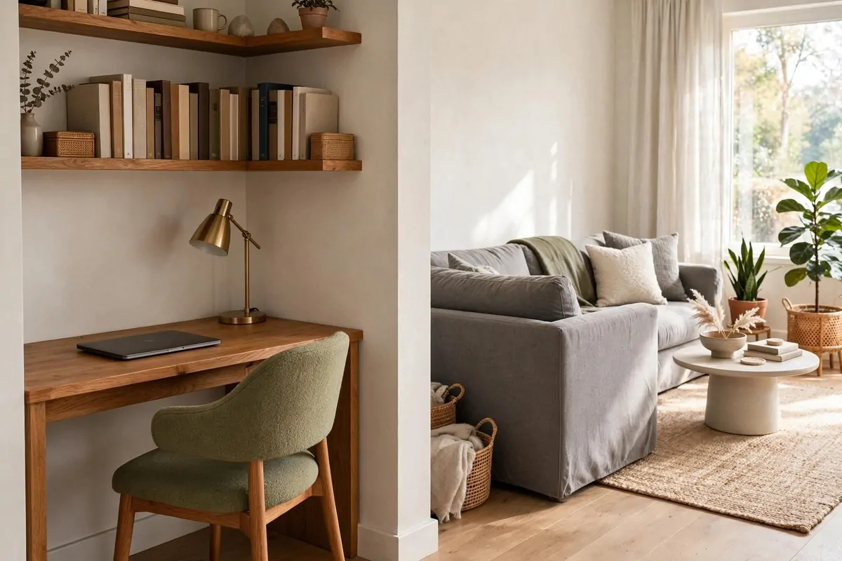 Small desk with lamp tucked into a living room corner, sofa facing away