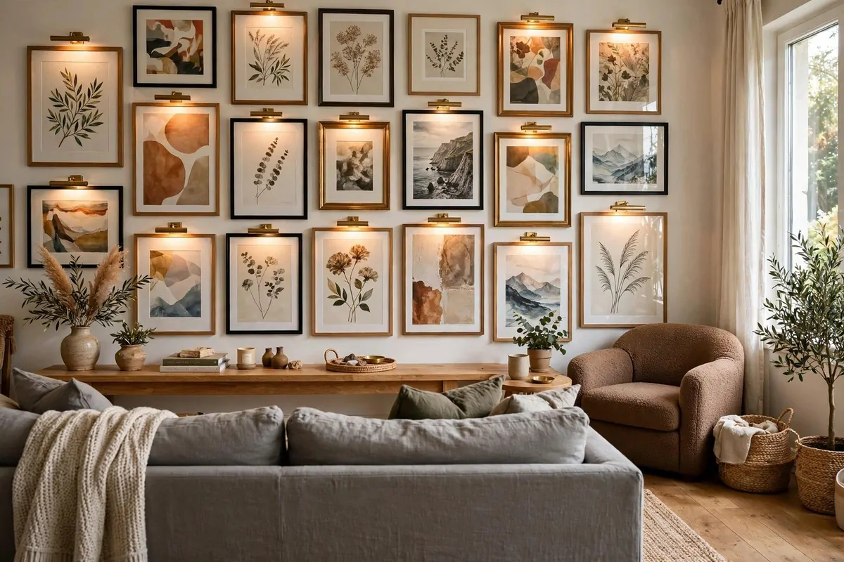 Floor-to-ceiling gallery wall of framed art with sofa facing it