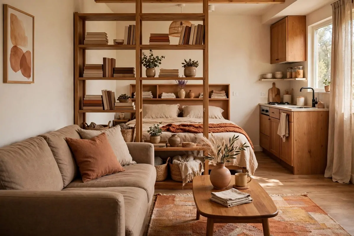 Studio apartment with sleeper sofa, rug zone and bookshelf divider