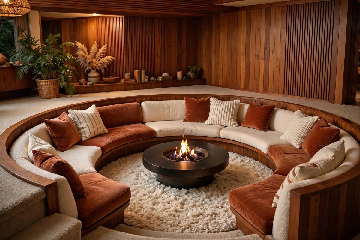 Sunken conversation pit with curved banquette seating around a fire table
