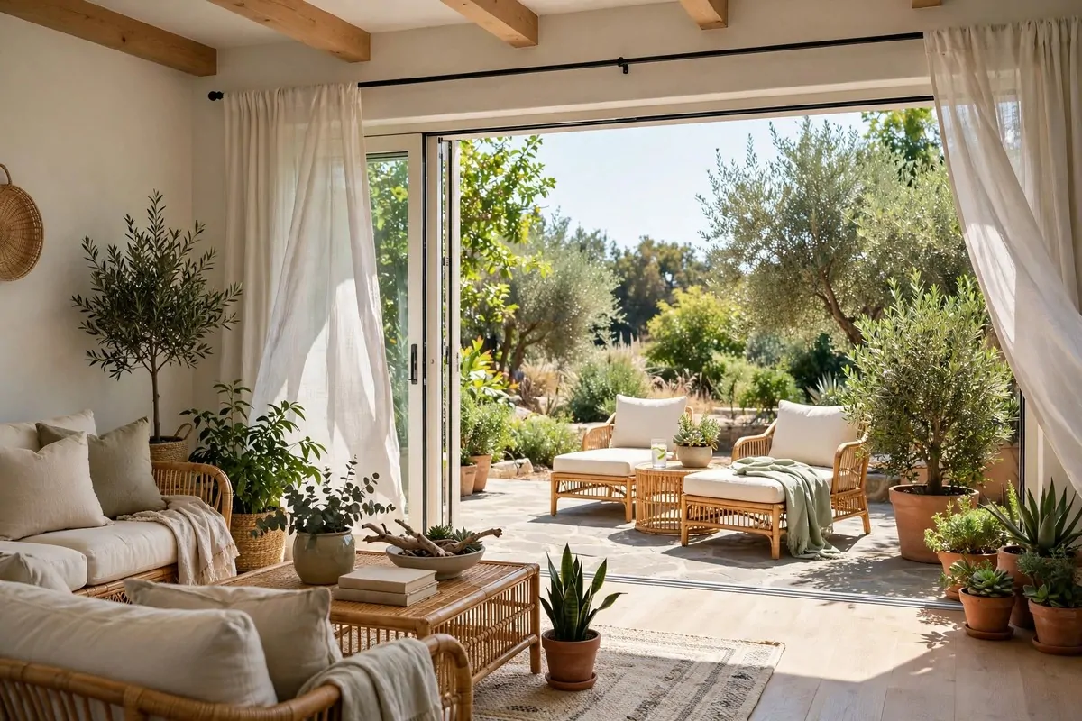 Living room with open sliding doors flowing to a patio with outdoor lounge chairs
