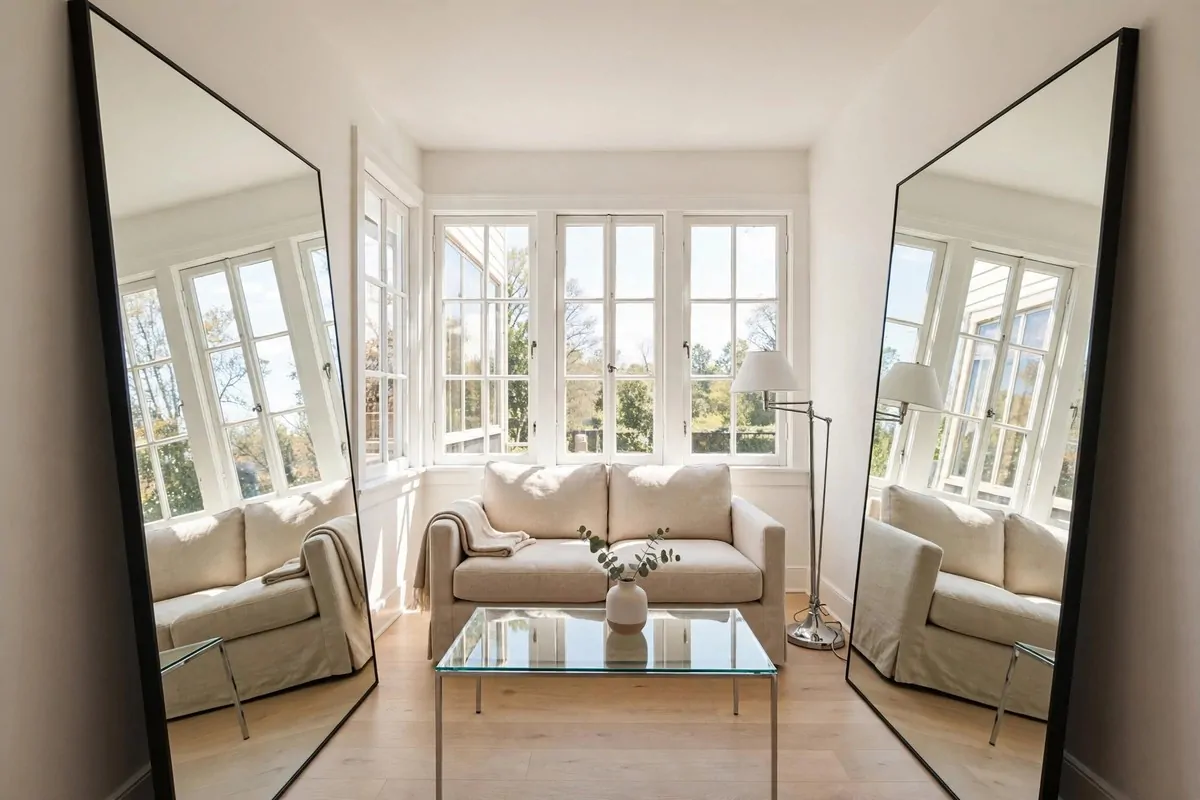 Small bright living room with large leaning mirrors and glass coffee table