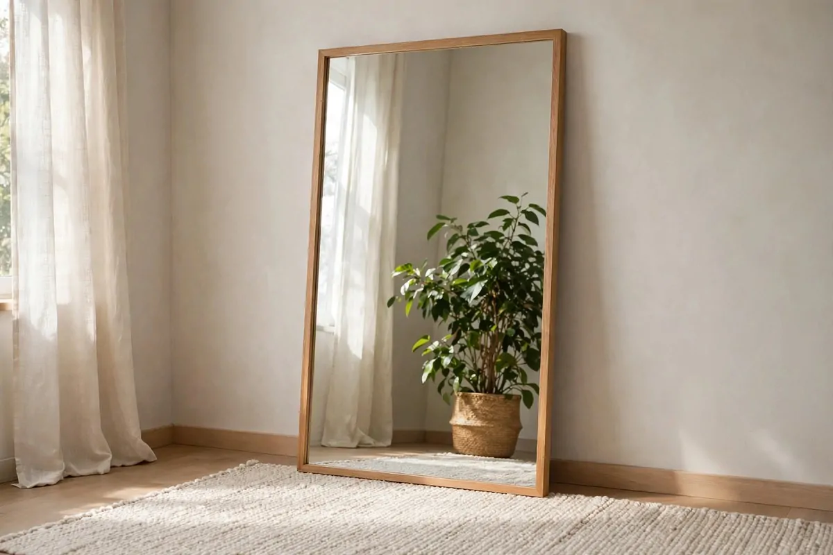 Tall full-length mirror leaning against a bedroom wall with a leafy plant