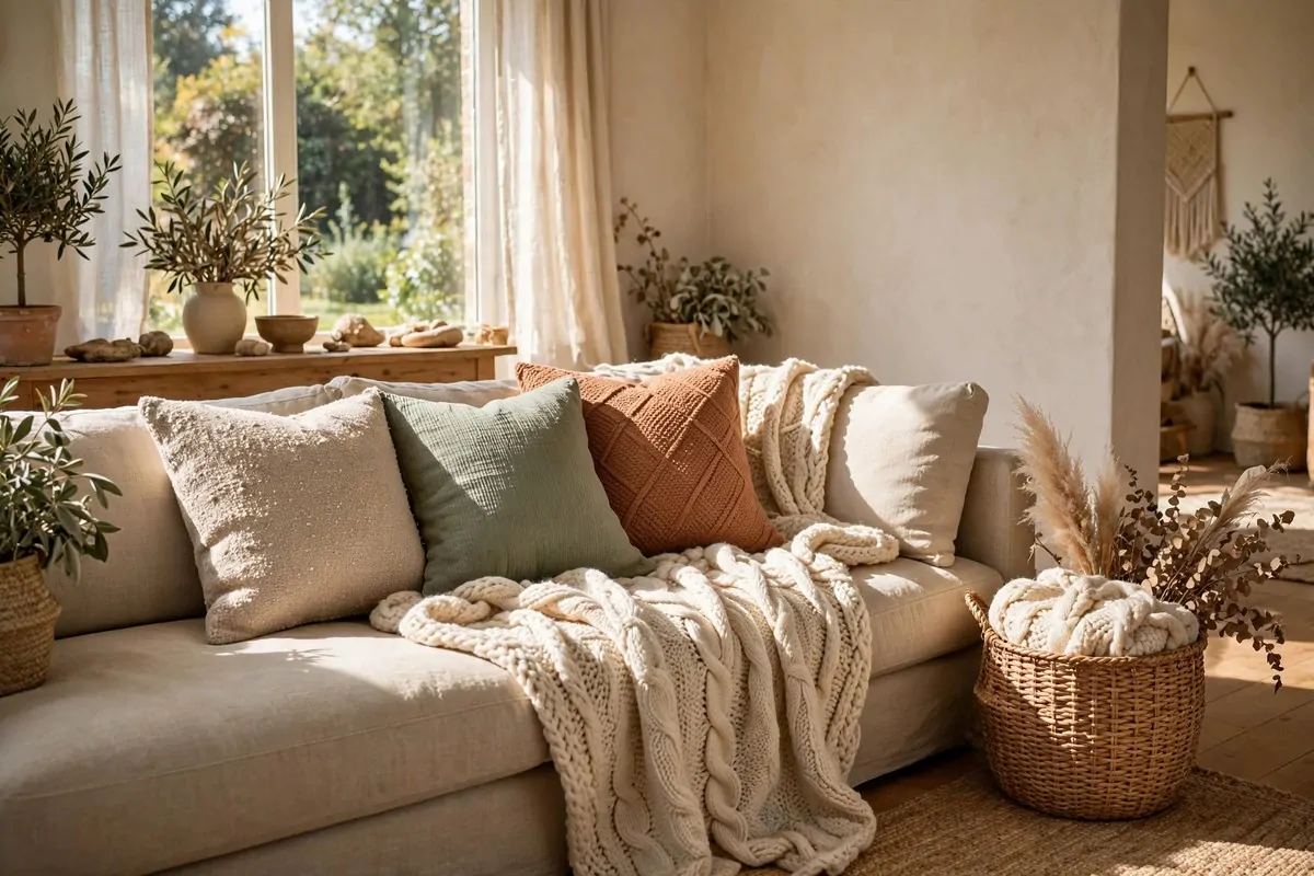 Beige sofa with chunky knit throw and layered cushions beside a woven basket