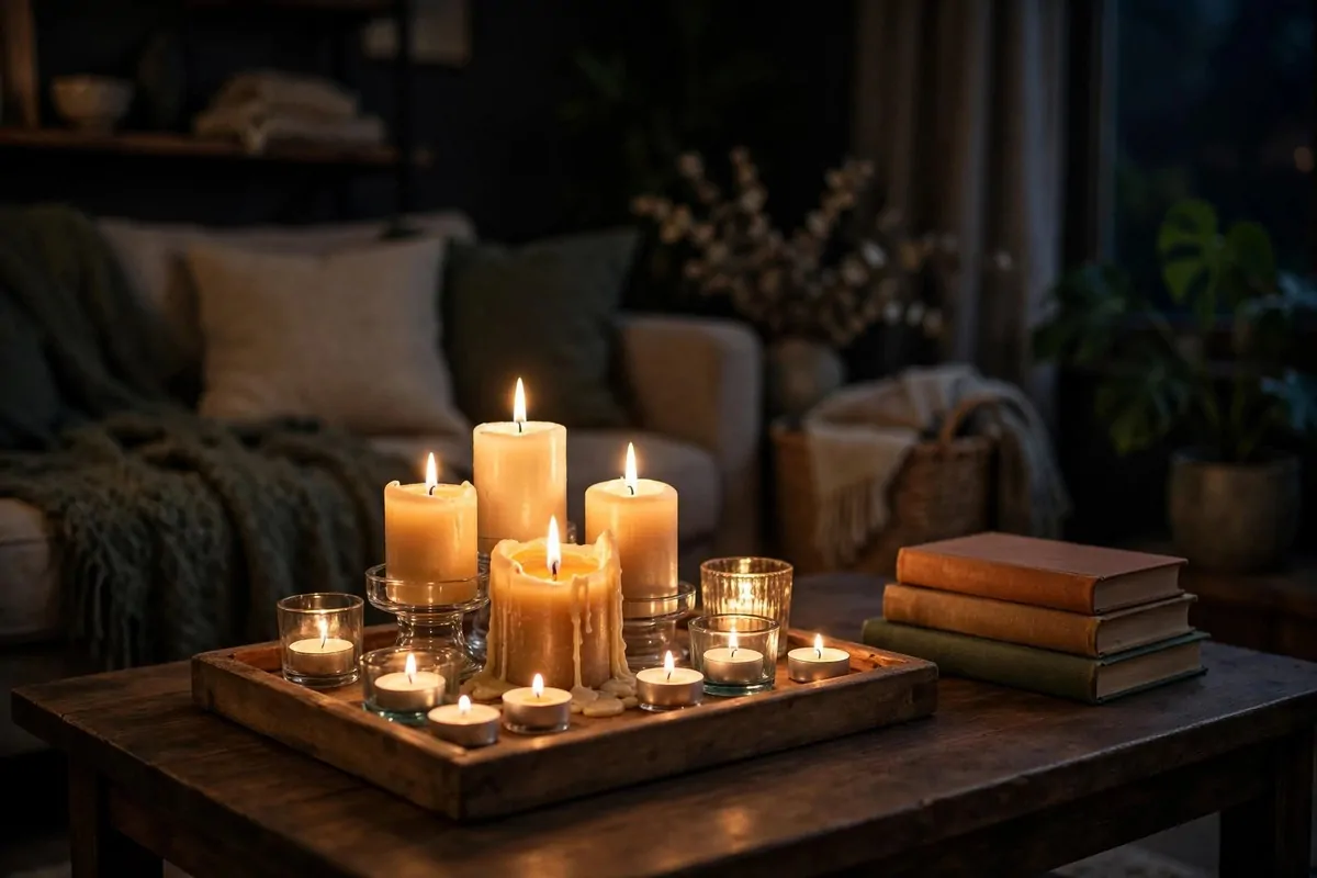 Wooden tray of lit candles glowing on a coffee table in a dark living room
