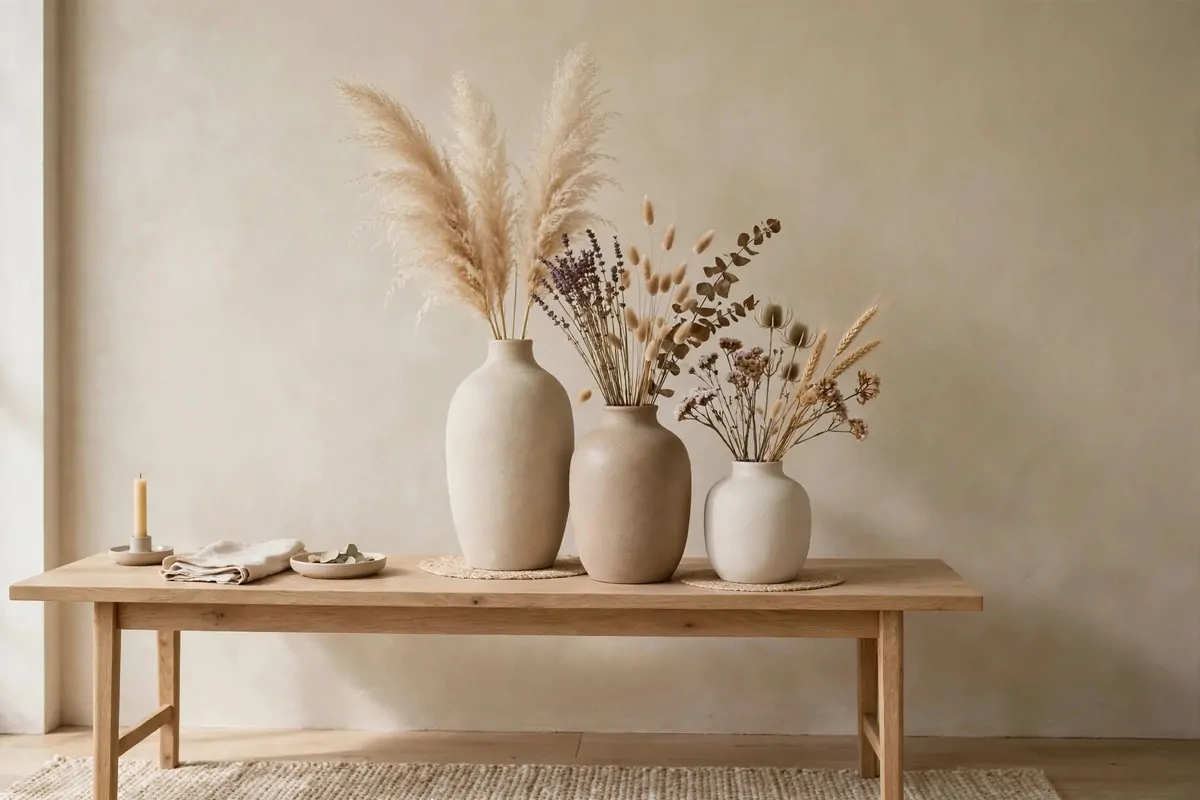 Three ceramic vases of different heights with dried pampas grass on a console
