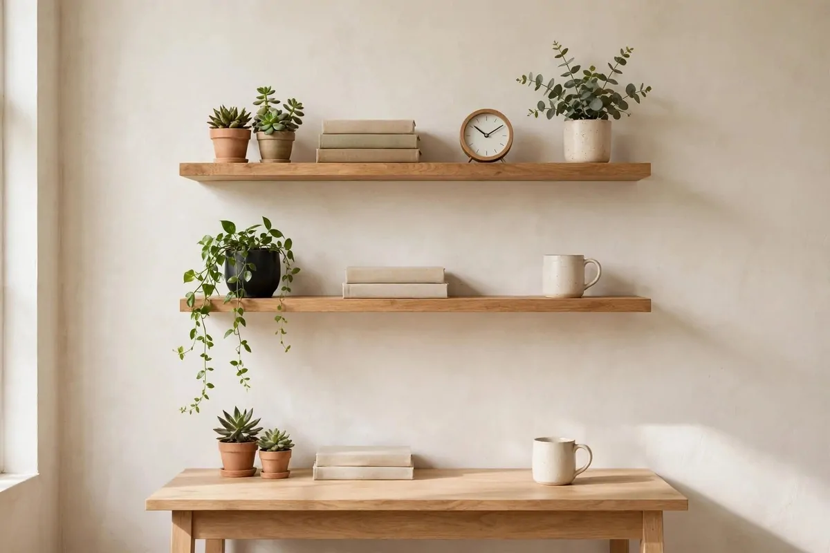 Wooden floating shelves styled with books, plants, a clock and a mug
