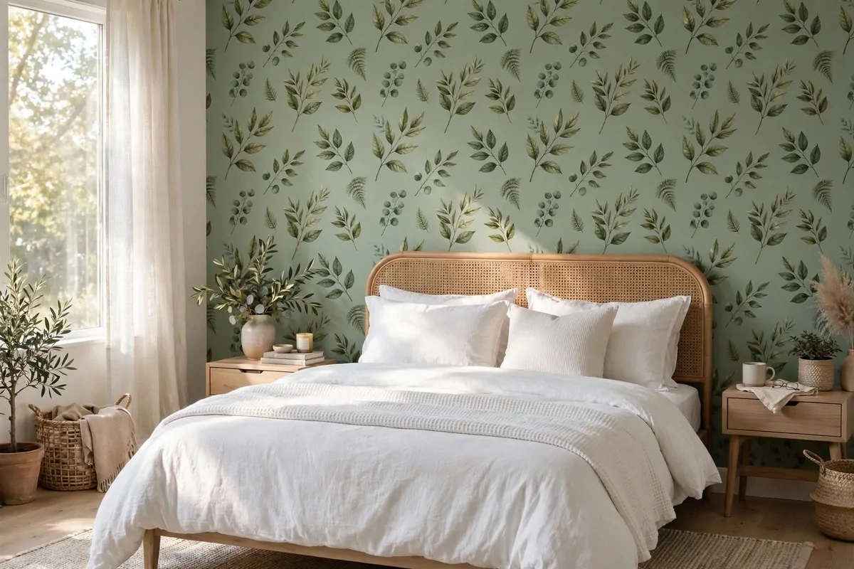 Bedroom accent wall in sage botanical wallpaper with rattan headboard