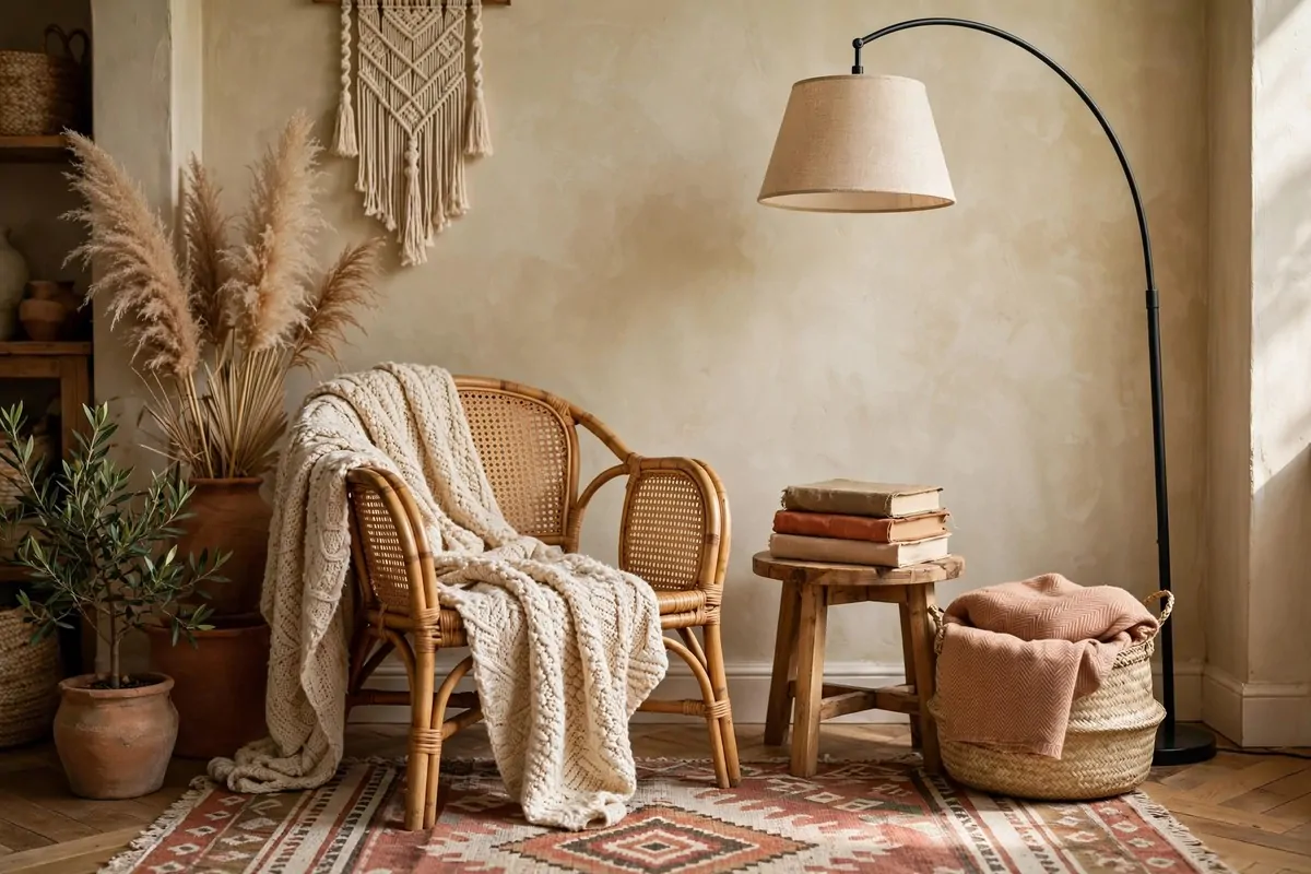 Boho reading corner with rattan armchair, floor lamp and woven basket
