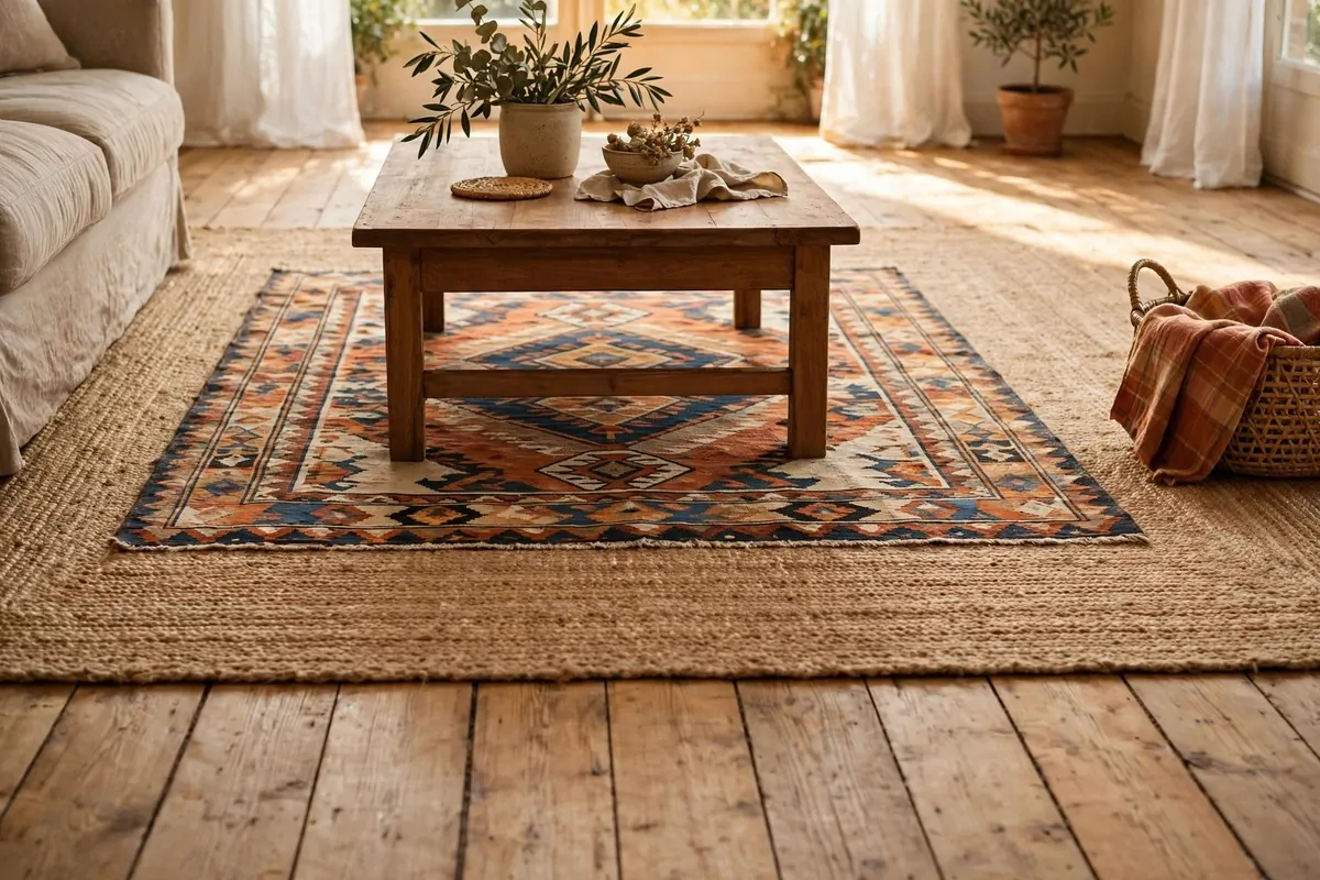 Layered rugs with a patterned rug over a jute rug under a coffee table