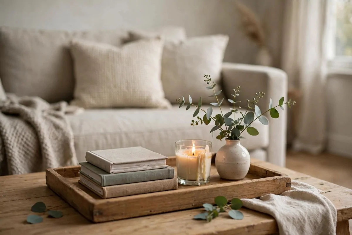 Coffee table vignette with tray, stacked books, candle and eucalyptus vase