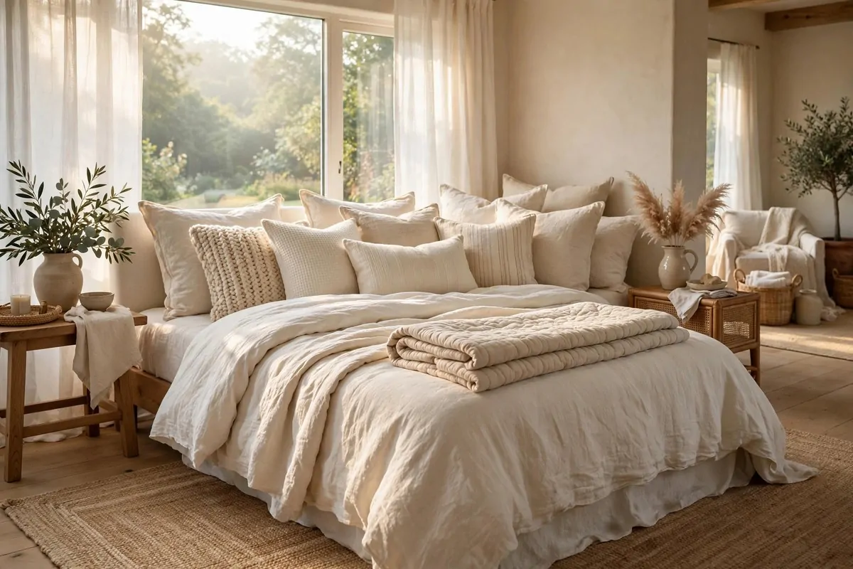 Bed dressed in layered cream linen bedding with textured cushions