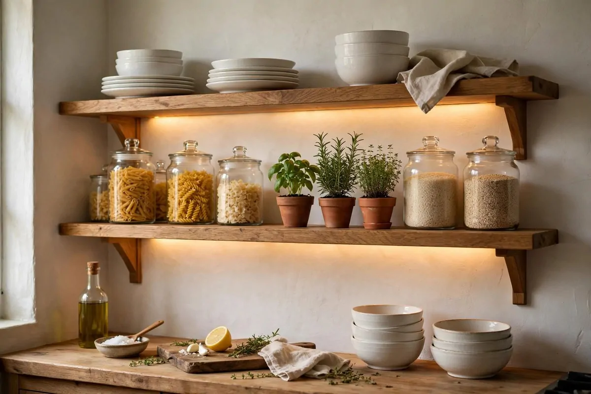 Kitchen open shelves styled with ceramics, glass jars and small herbs