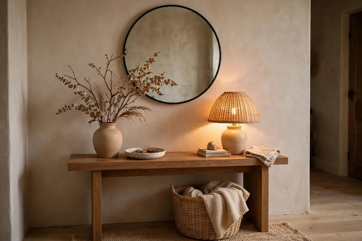 Entryway console with round mirror, woven basket and dried branch vase