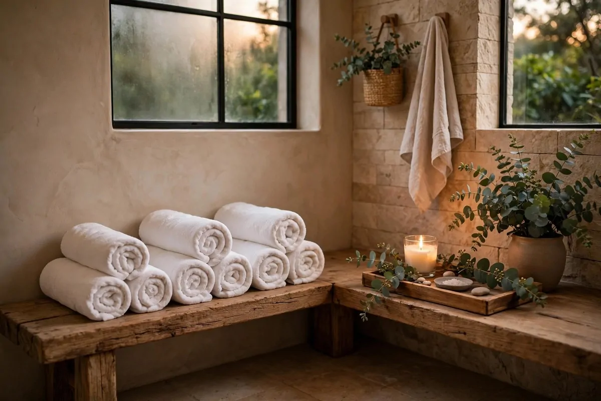 Spa-like bathroom corner with rolled towels, tray, candle and eucalyptus