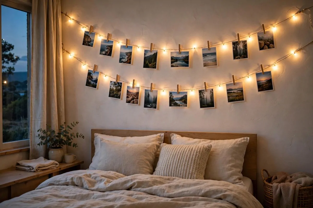 Bedroom wall with fairy lights and photos clipped along the wire