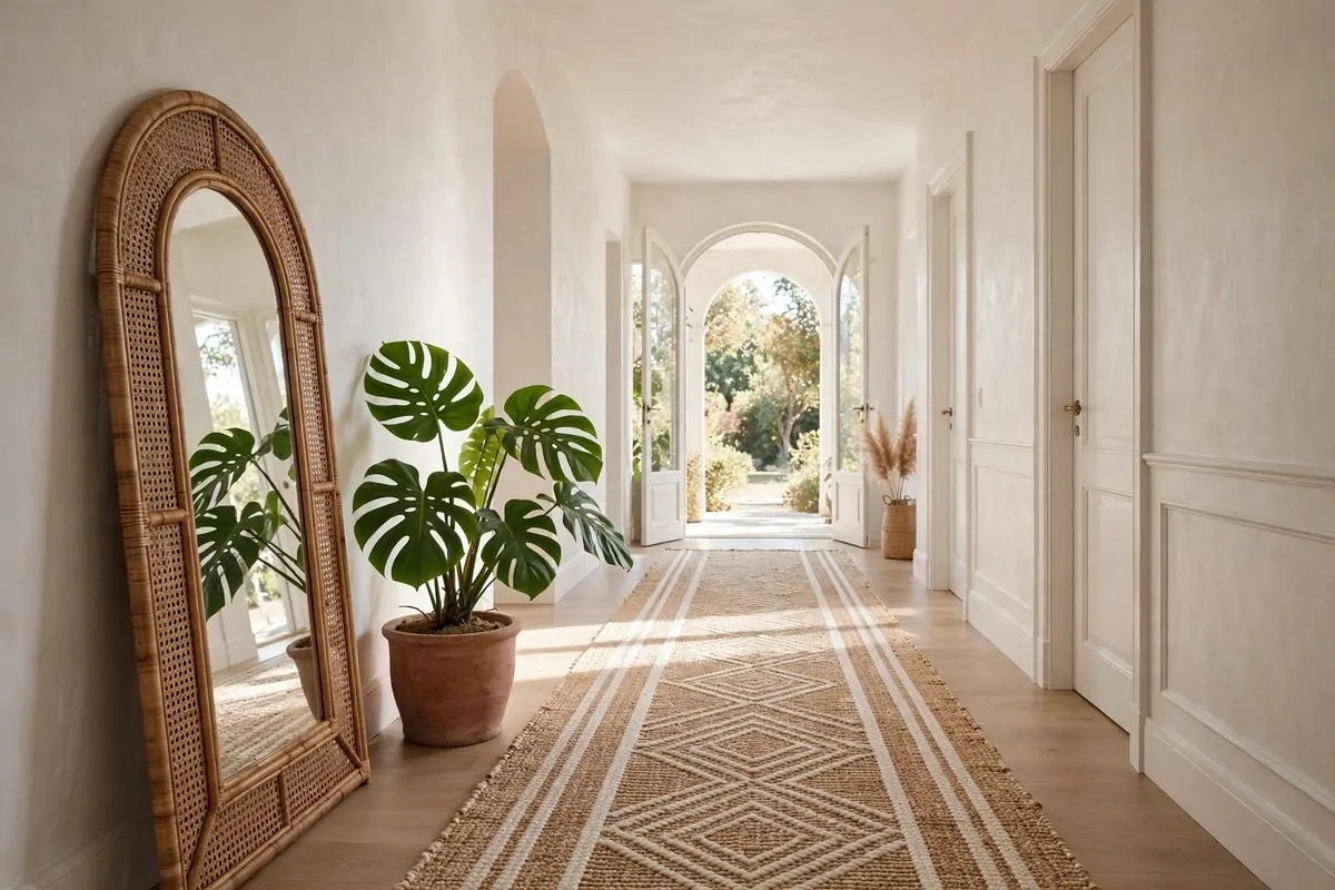 Bright hallway with arched rattan mirror, monstera plant and woven runner