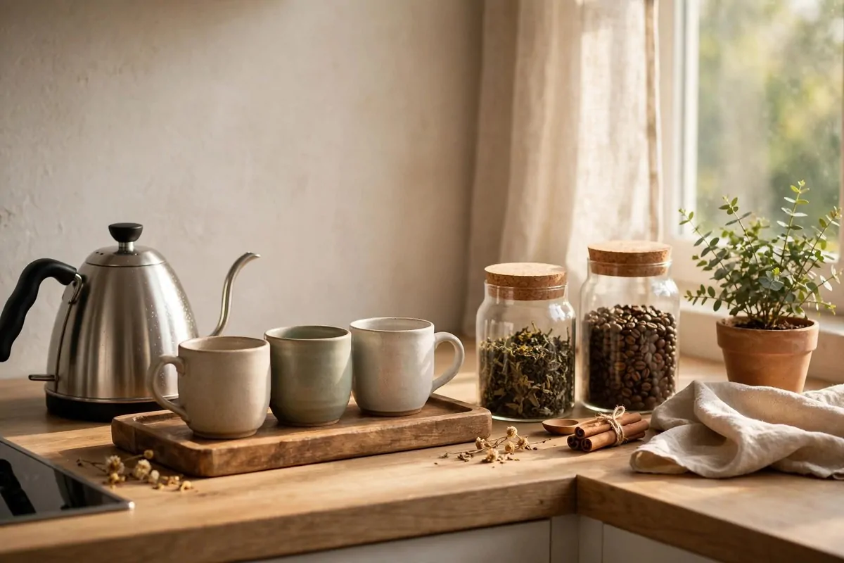 Coffee and tea corner on a kitchen counter with mugs, kettle and jars