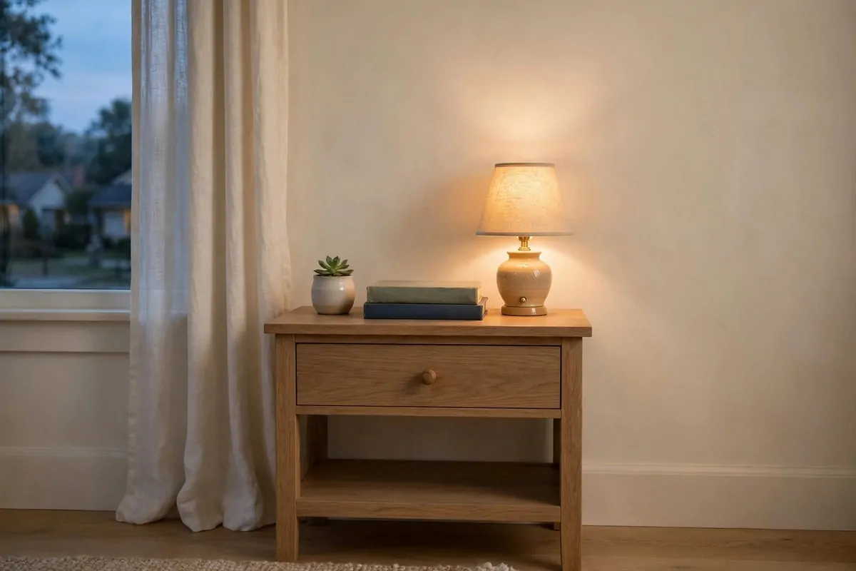 Styled nightstand with warm lamp, stacked books and small succulent