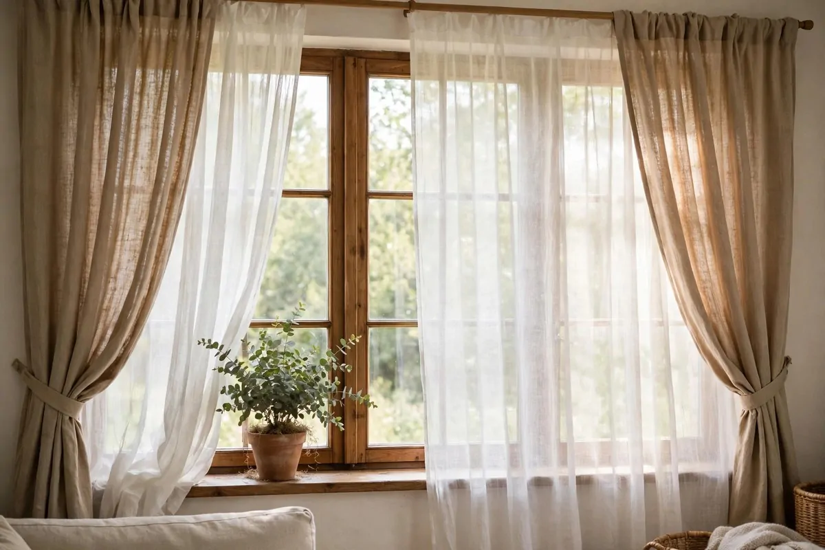 Living room window with sheer curtains layered under linen drapes