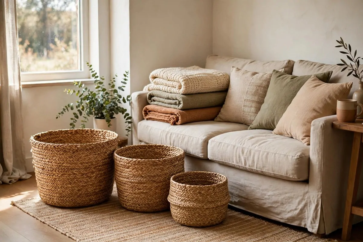 Woven seagrass baskets of different sizes holding blankets beside a sofa