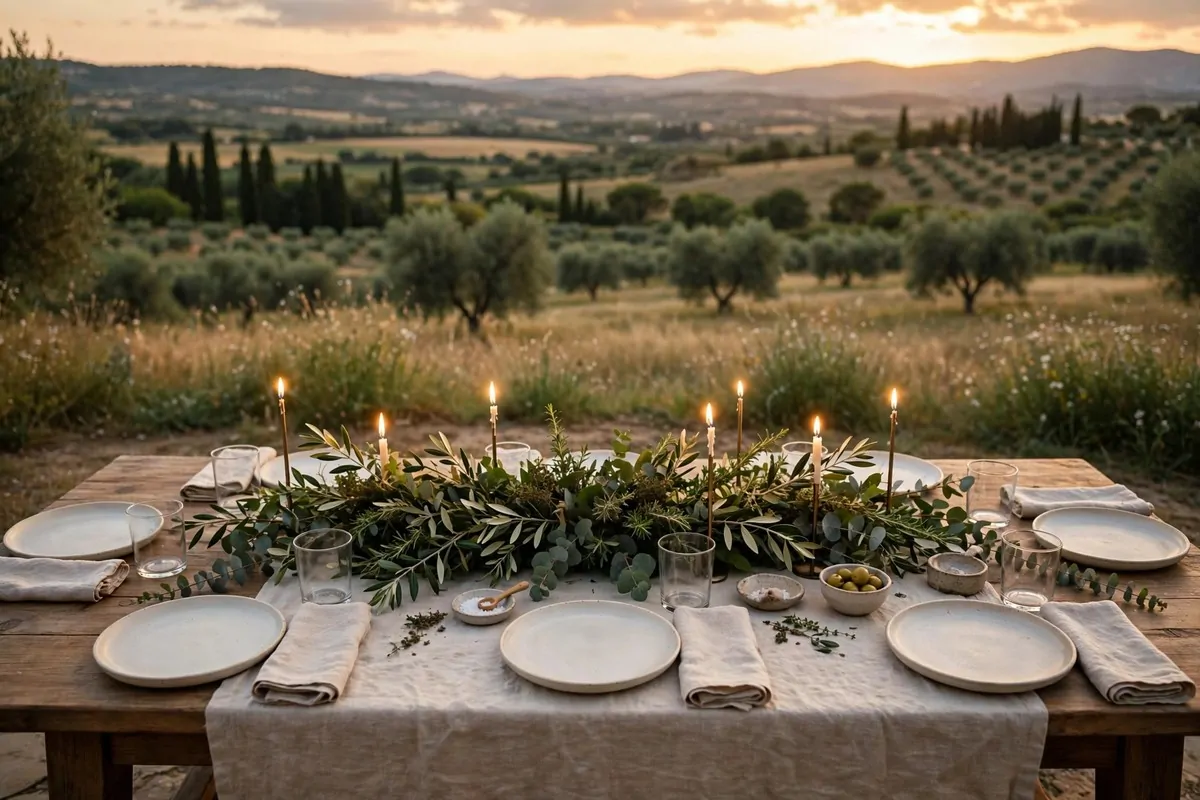 Dining table with linen runner, taper candles and greenery centerpiece
