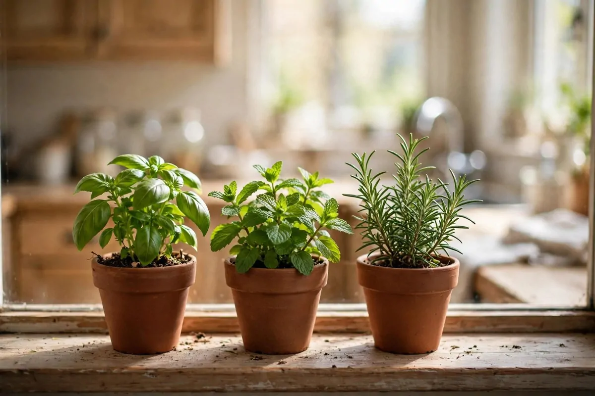 Kitchen windowsill herb garden with terracotta pots of basil, mint, rosemary