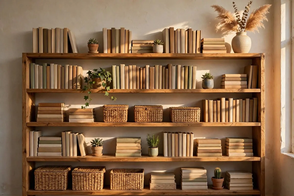 Wooden bookshelf styled with books, plants, vase and woven boxes