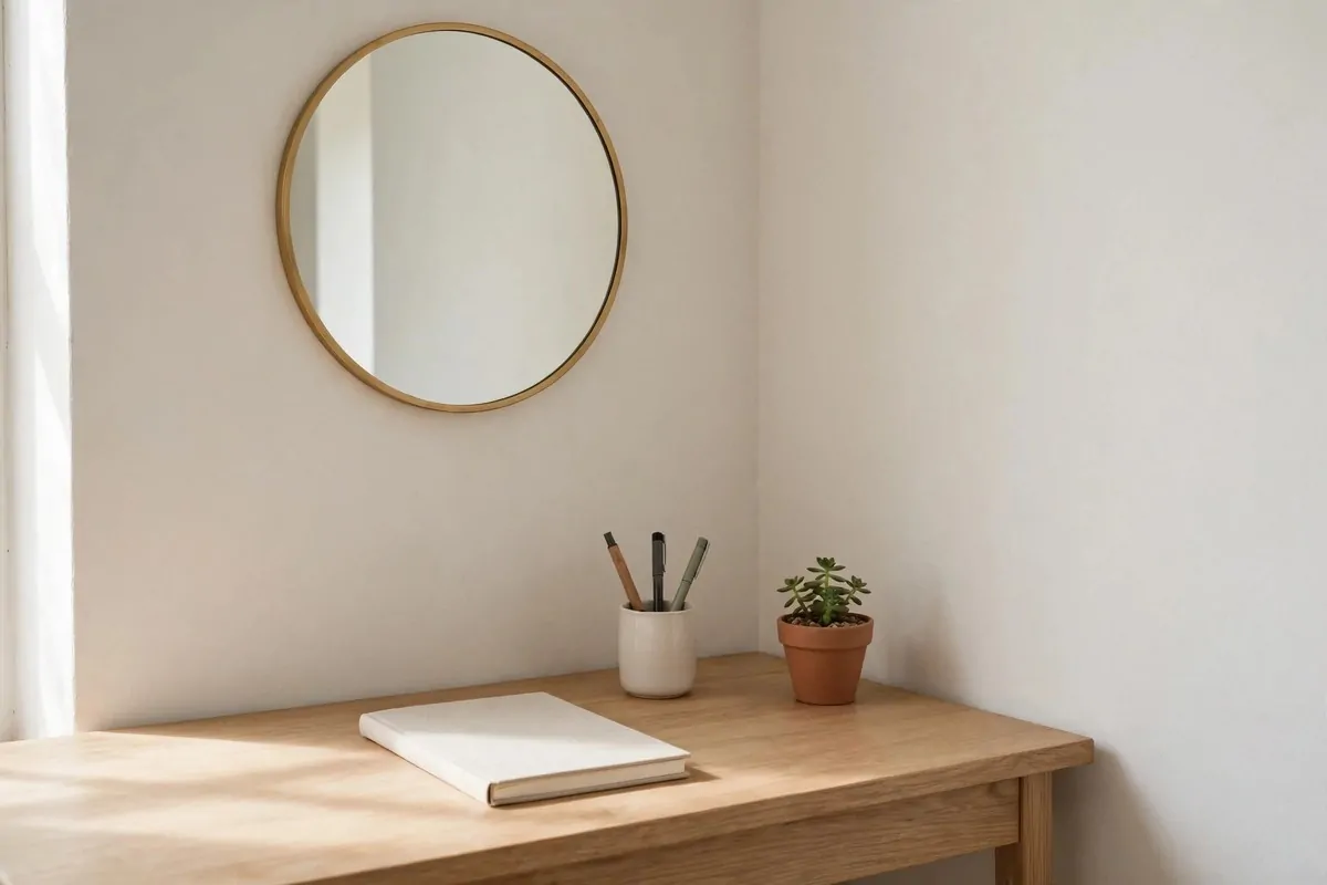 Minimal desk corner with round mirror, notebook, pen cup and plant